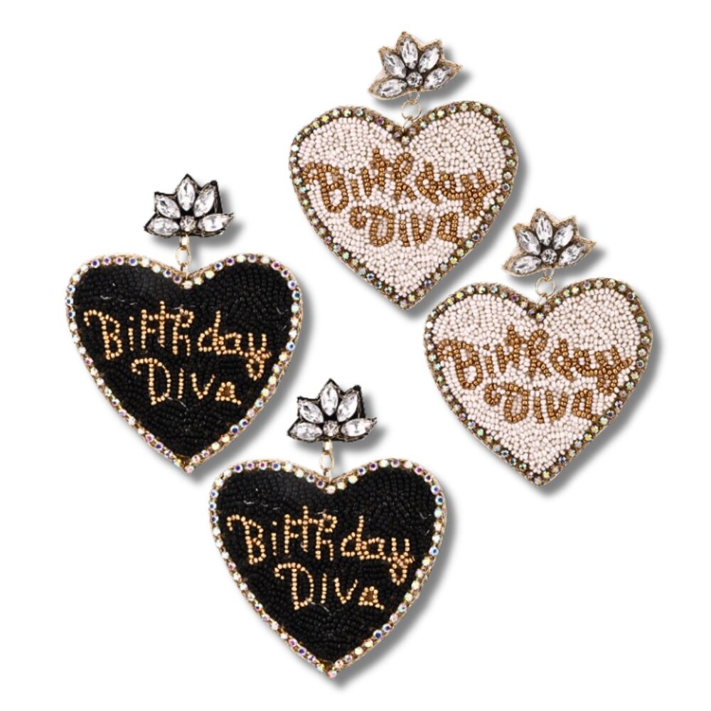 BIRTHDAY DIVA Heart Celebration Beaded Rhinestone Earrings